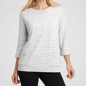 CHICO'S Knit Sweater Striped Gray White Pullover Boatneck Size S